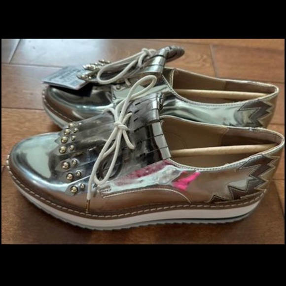 ZARA Woman Silver Metallic Mirror Platform Lace Up Oxford Derby - Picture 1 of 4